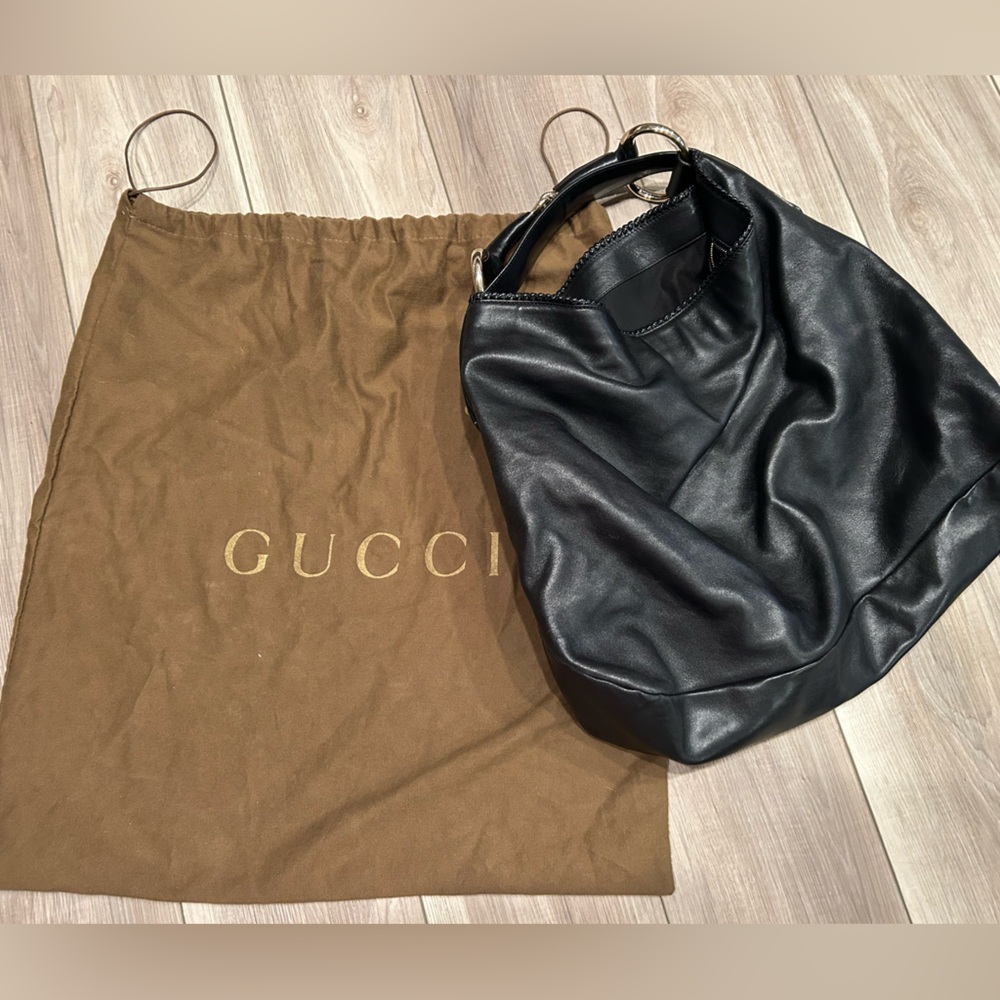 Gucci Leather Chain Horsebit Accent Large Hobo Shoulder Bag Black 100% Authentic